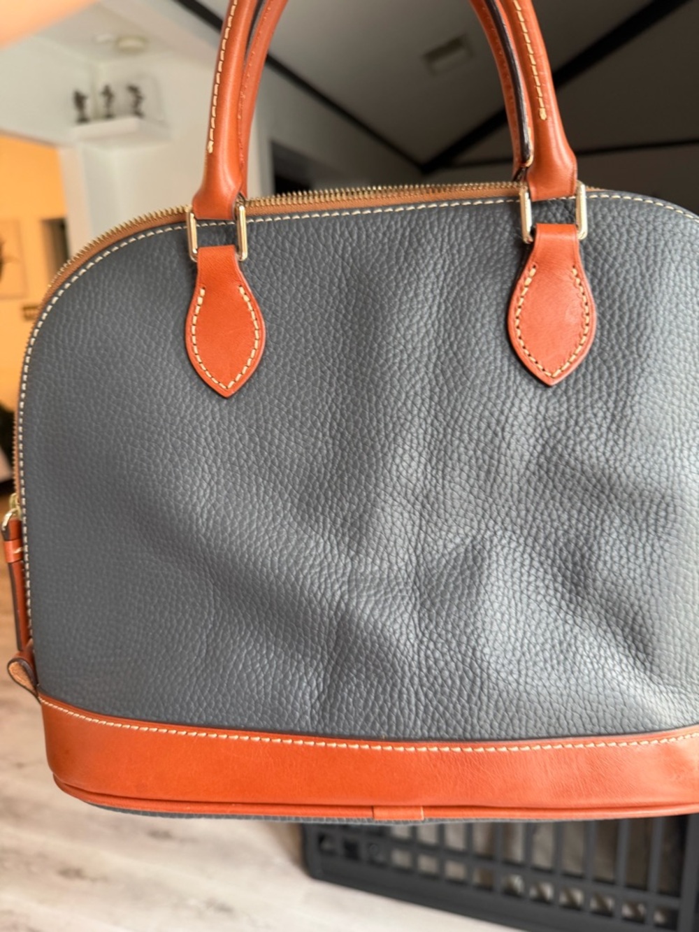 Dooney & Bourke Gray Pebbled Leather Satchel with Brown Trim